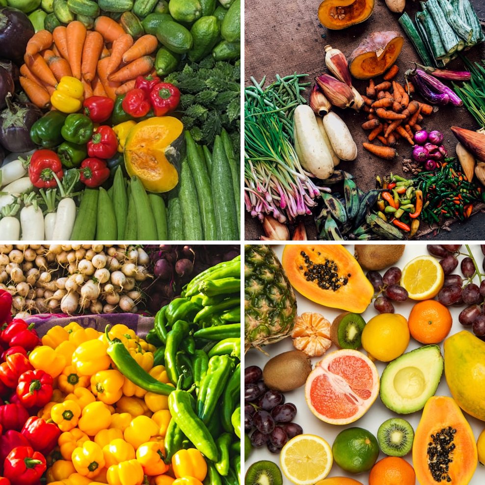 Collage of fresh Indian vegetables, produce, and market herbs