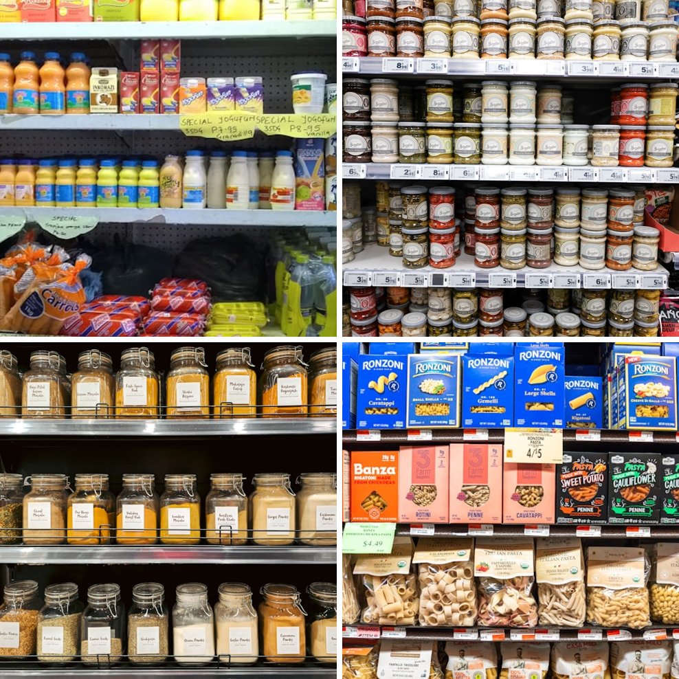 Collage of Indian grocery pantry shelves, jars, and packaged staples